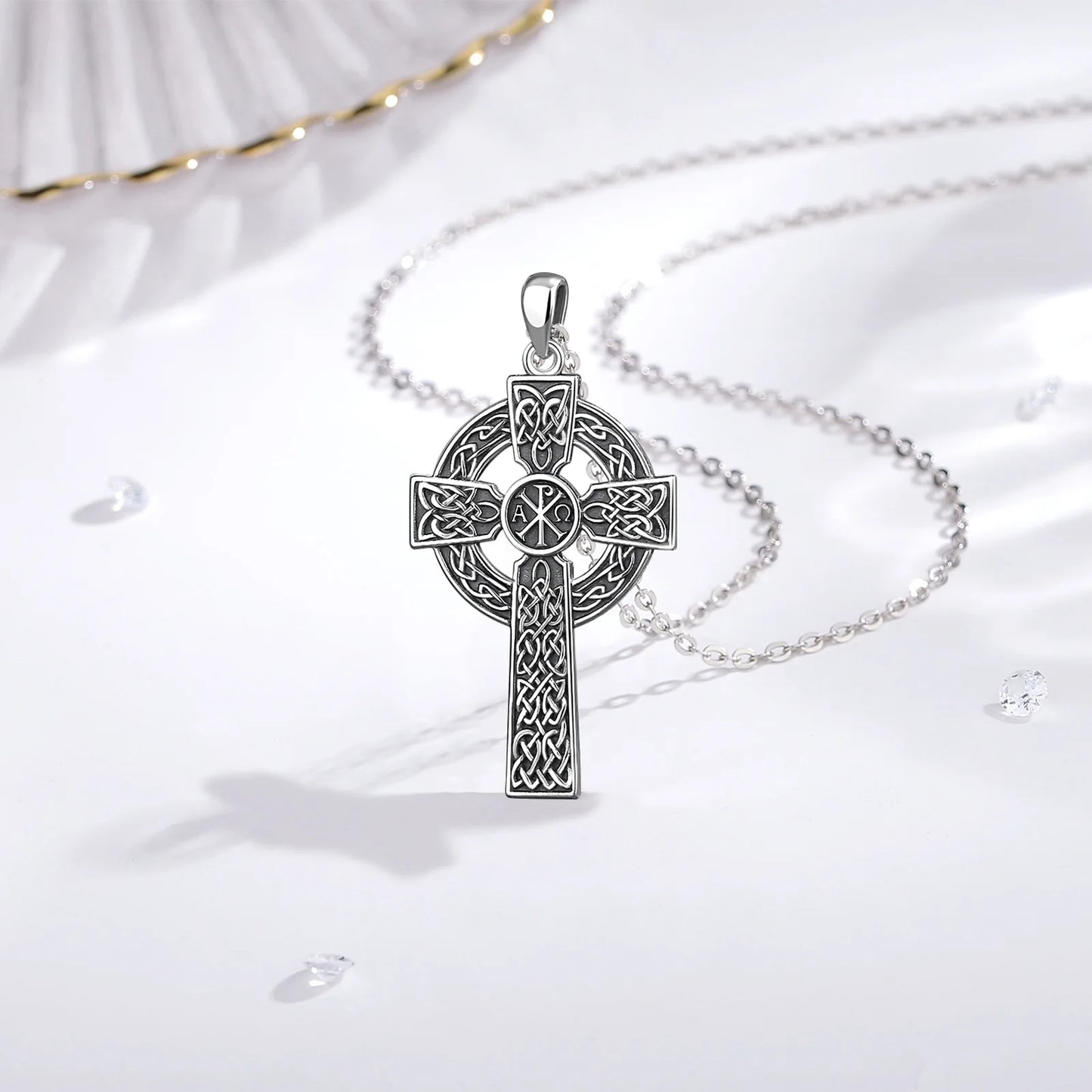 Collier croix nœud celtique en argent sterling 925 Eudora – Pendentif Chi Rho vintage | Bijou religieux chrétien, cadeau pour femmes et hommes 