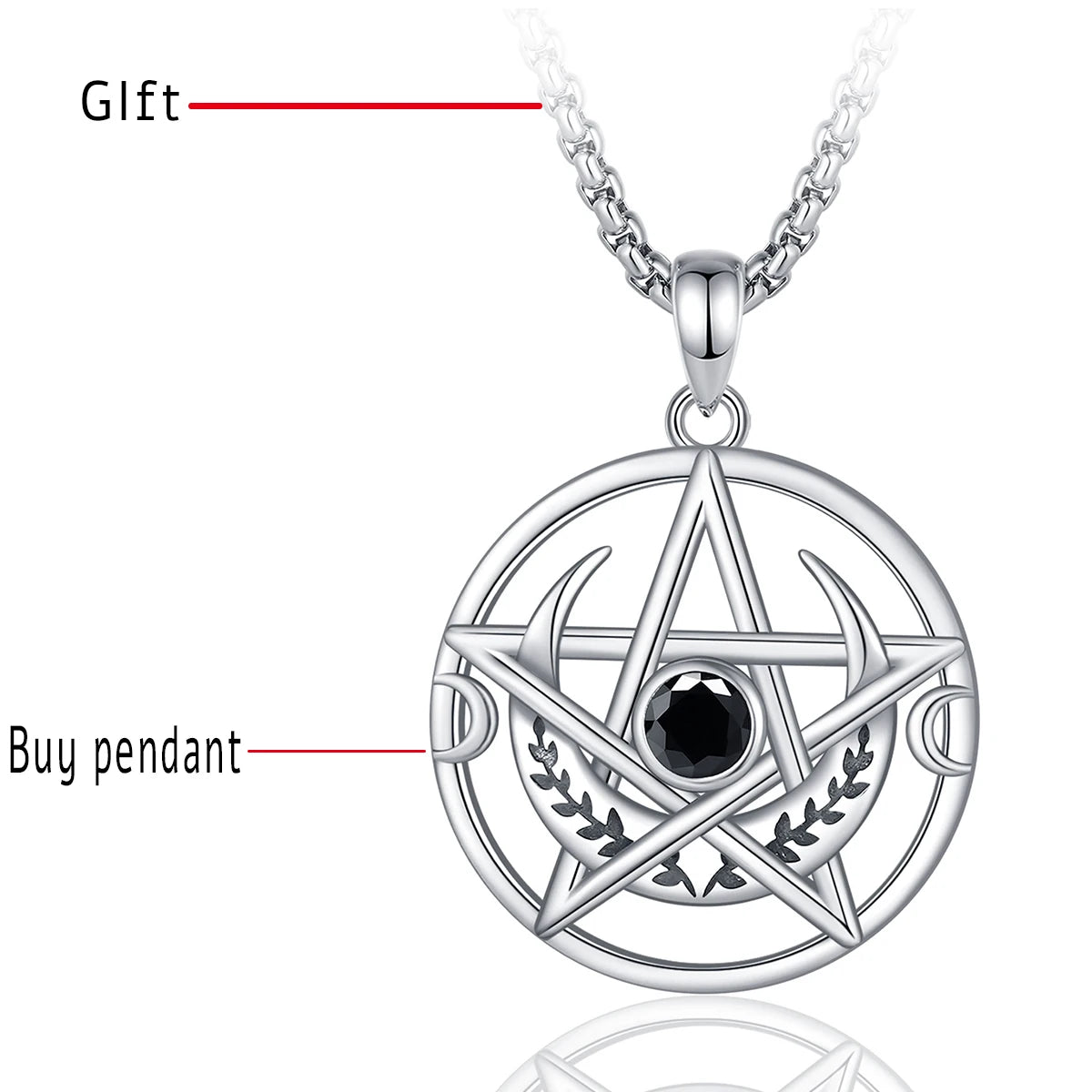Collier Eudora en argent sterling 925 avec pentagramme et pendentif amulette triple lune en zircon noir | Bijou païen wicca, cadeau pour femmes et hommes